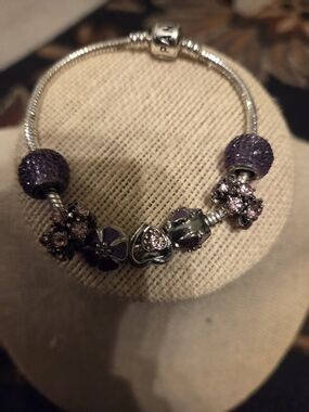 Pandora Silver Bracelet with Purple Crystal Flower Charms
